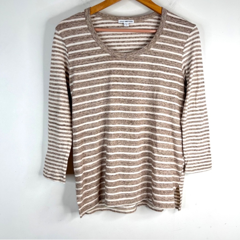James Perse Striped Top M 3/4 Sleeve Beige Neutral Minimalist Cotton Made in USA